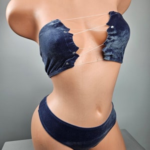 Stripper Exotic Dancer Blue Velvet Lace Up Top Thong Bikini Outfit w/ Matching Choker