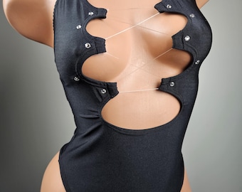 Stripper Exotic Dancer Lace Up Black Thong Back Romper
