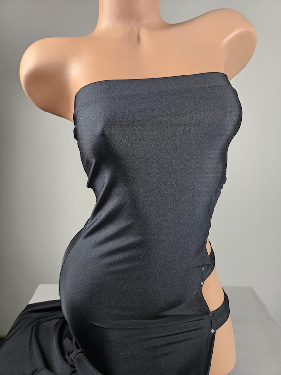 exotic dancer dresses Stripper Black Tube Gown Dress W/ Side Strap Cut Outs Size:XL (size 16) Teal One-Shoulder Ombre Satin Slip Purple Embroidered Mesh Panel