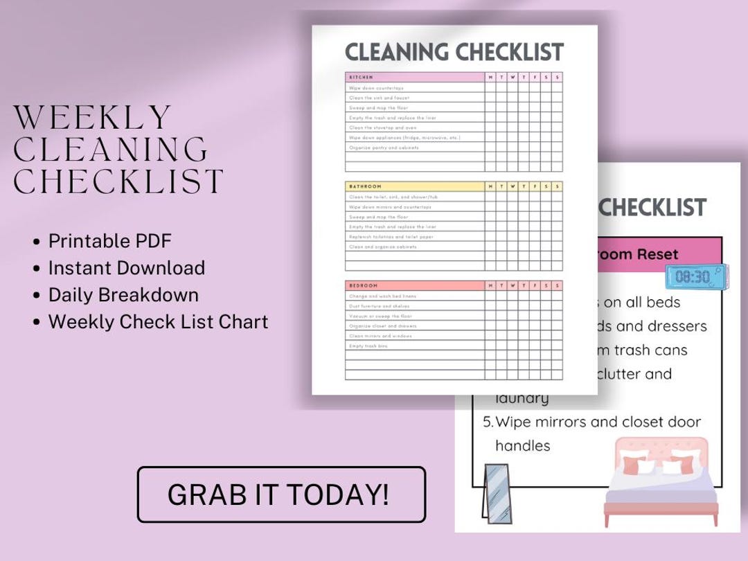 Weekly Cleaning Checklist: Printable Chore Chart & Planner (PDF) - Etsy