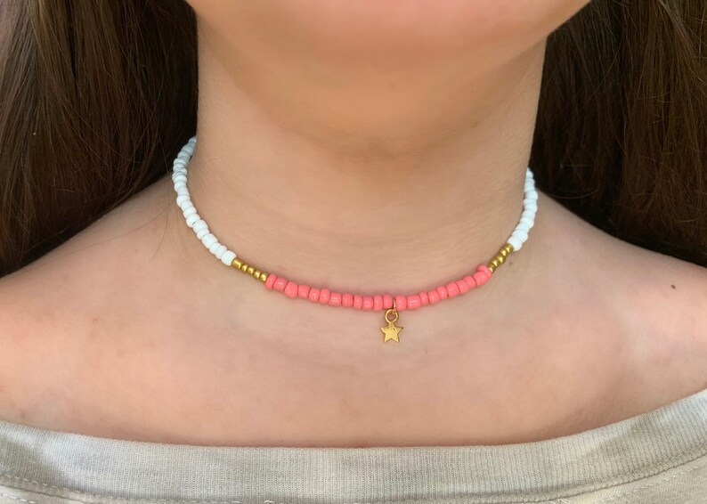 Beaded pink and gold star choker
