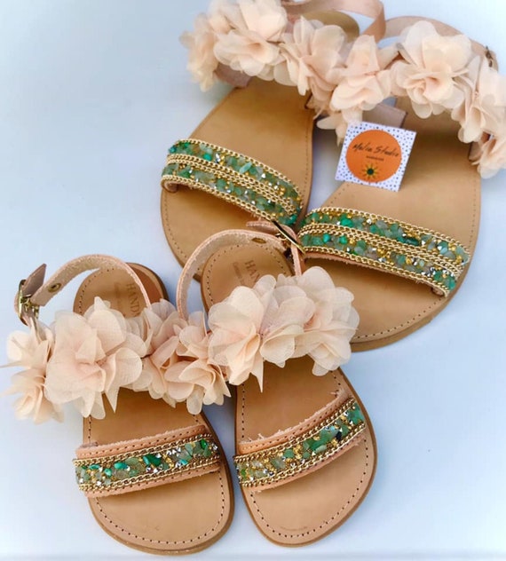 mommy and kid slide sandals Mommy and me Greek leather sandal slides set
