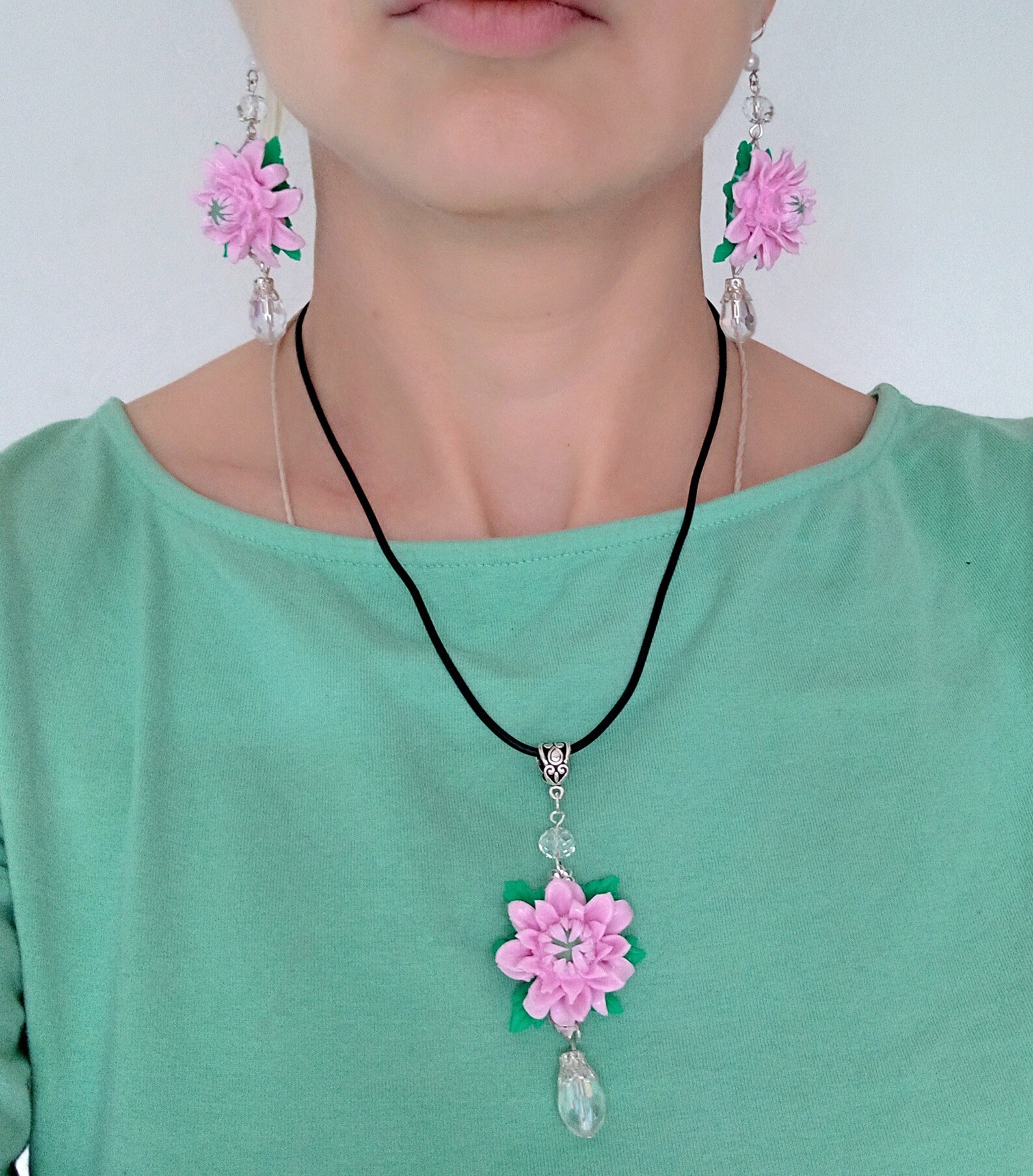 Pink flower jewelry set Pendant & dangle earrings Pink blossom Etsy