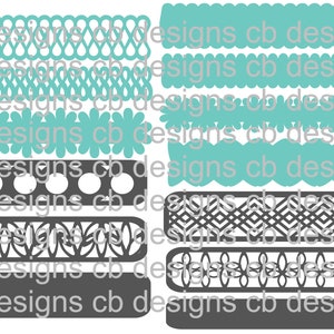 Puede incluir: Un conjunto de 10 archivos de corte digital para manualidades. Los archivos presentan varios diseños en turquesa y gris, incluyendo patrones florales, geométricos y de lunares. El texto "cb designs" se repite en toda la imagen.