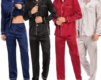 P2-Personalisierte Seidensatin Herren Pyjamas, lange Ärmel Pyjamas Hosen, Pyjamas Hemd, Satin-Pyjamas-Sets, maßgefertigte Pyjamas Herren Pyjamas