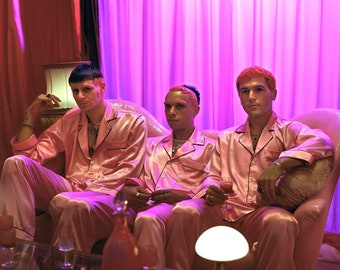 P2-Personalized Silk Satin Men Pyjamas, lange Ärmel Pyjamas Hosen, Pyjamas Shirt, Satin Pyjamas Sets, maßgeschneiderte Pyjamas Männer pjs