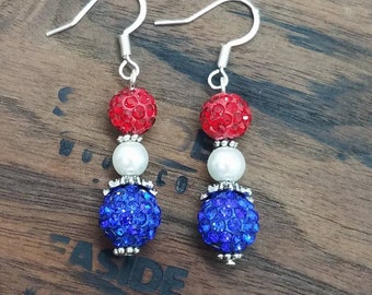 4th of July Earrings, Red White Pearl and Blue Earrings