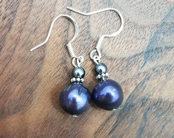 Black Pearls Drop Earrings, Simple Black Pearls Earrings