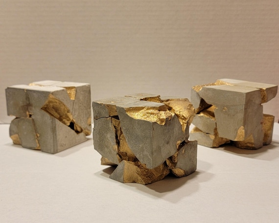 Kintsugi D. Cube Concrete Sculpture with Gold Veins