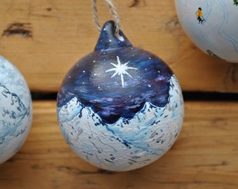 Hand Painted Ceramic Bauble, Snowy Mountains and Night Sky, Alpine Christmas Tree Decoration