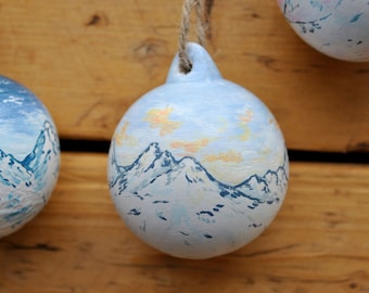 Hand Painted Ceramic Bauble, Snowy Mountains and Sunset, Alpine Christmas Tree Decoration