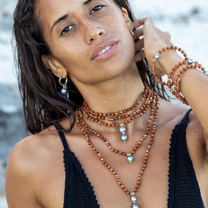Prana Tahitian Pearl and Sandalwood Necklace | Genuine Tahitian Pearl Necklace | Handmade in Hawaii | Designer Boho Pearl Jewelry
