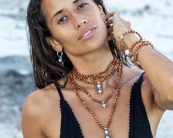 Prana Tahitian Pearl and Sandalwood Necklace | Genuine Tahitian Pearl Necklace | Handmade in Hawaii | Designer Boho Pearl Jewelry
