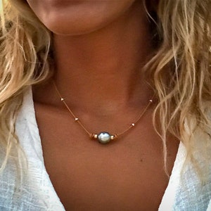 Bora Necklace with 11mm Tahitian Pearl on Greek Leather with Goldfilled Accent Beads | Large Tahitian Pearl Necklace