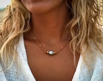 Bora Necklace with 11mm Tahitian Pearl on Greek Leather with Goldfilled Accent Beads | Large Tahitian Pearl Necklace