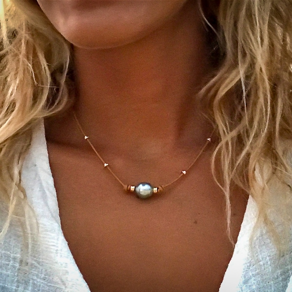 Bora Necklace with 11mm Tahitian Pearl on Greek Leather with Goldfilled Accent Beads | Large Tahitian Pearl Necklace