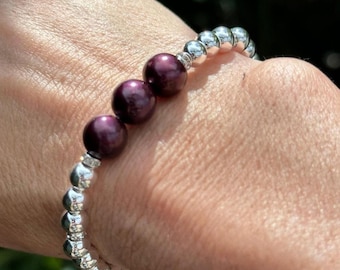 Plum Purple Pearl Stretch Bead 7" Bracelet Sterling Silver Crystal Accents