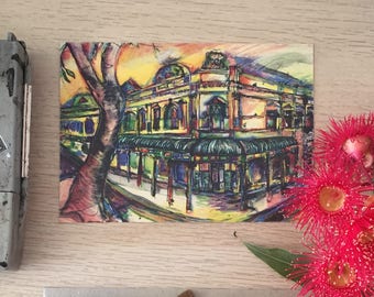 Colourful Old Fremantle Building Postcard - unique artwork printed on paper thin wood with paper backing