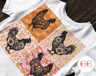 May include: White t-shirt featuring a patchwork design with four squares. Each square showcases a black rooster silhouette filled with floral patterns. The background includes pumpkins and flowers, with the text "Caroline Crafts" in the corner.