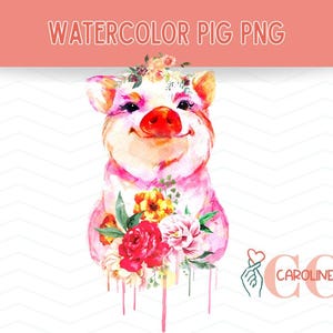 Watercolor Pig PNG, Floral Pig Clipart, floral pig png, farm animal clipart, cute pig PNG, farm png files, PNG files for sublimation