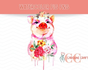 May include: Watercolor illustration of a smiling pig adorned with a floral crown and a bouquet of red, yellow, and pink flowers. The pig is painted in shades of pink and peach, with the text "WATERCOLOR PIG PNG" at the top.