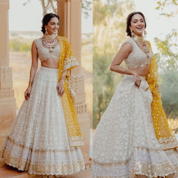 Kiara Advani Style White Lehenga Choli With Yellow Net Dupatta
