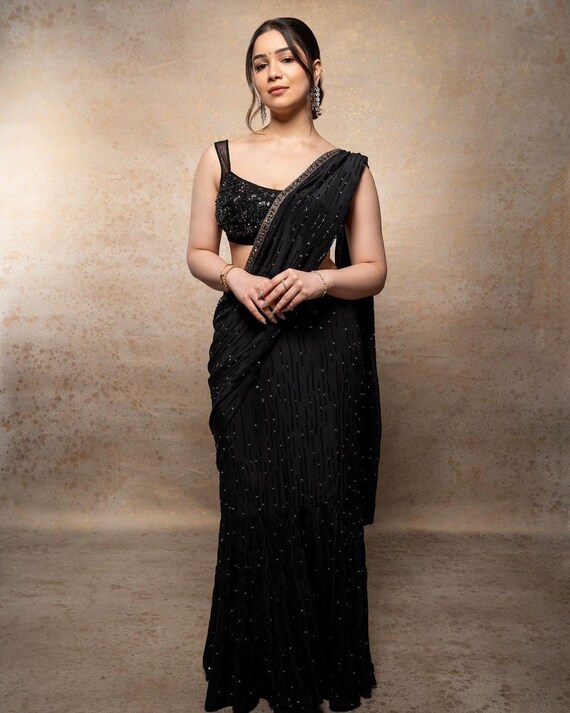 Black Ready to Wear Lehenga Saree in Sequins Indian Wedding Party Wear Lehenga Saree Indian Outfits Etsy Norway