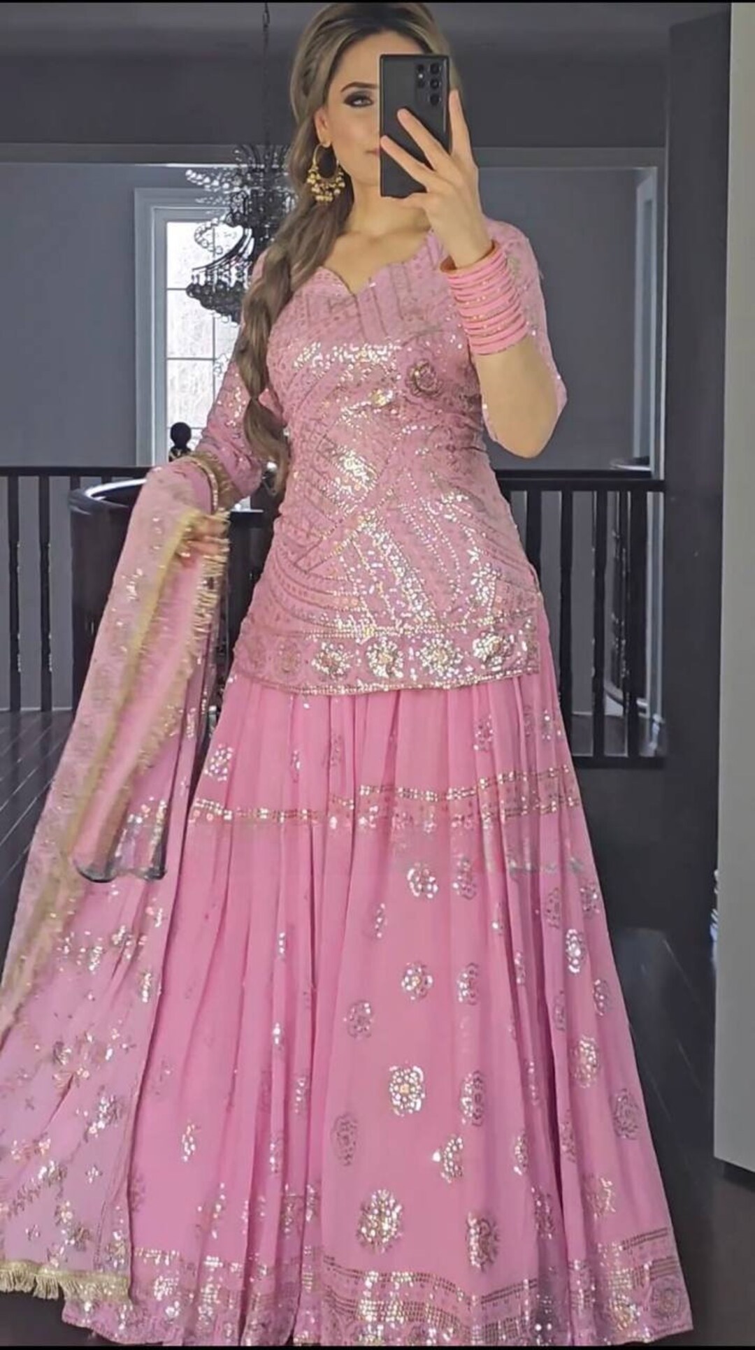 2-Piece Orange & Cream Georgette Lehenga And Choli with Belt main image 0