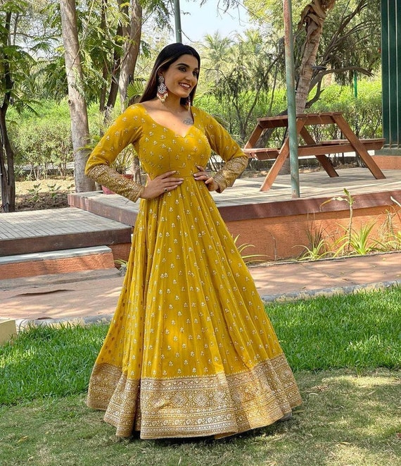 Yellow Party Wear Gown With Georgette 