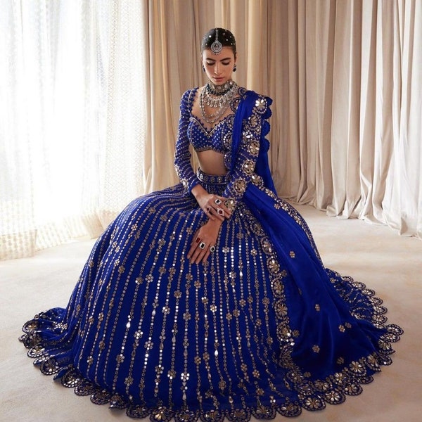 Georgette bleue Lengha Choli en séquence de travail indien Lehenga de mariage pour femmes et filles, tenues de fête