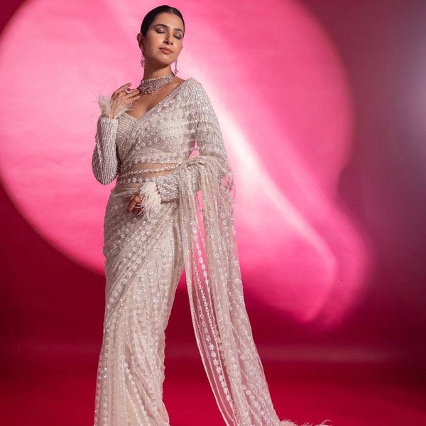 Bollywood White Saree with Blouse Indian Wedding Saree Sabyasachi Saree