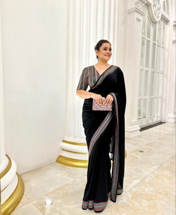 Cocktail Party Wear Black Saree With Full Sequence Work Blouse Gift for Her Etsy Canada