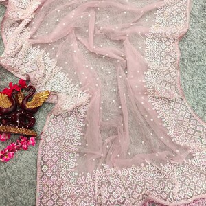 Women Party Wear Embroidery Worked Soft Net Saree with Un Stitched Blouse main image 1