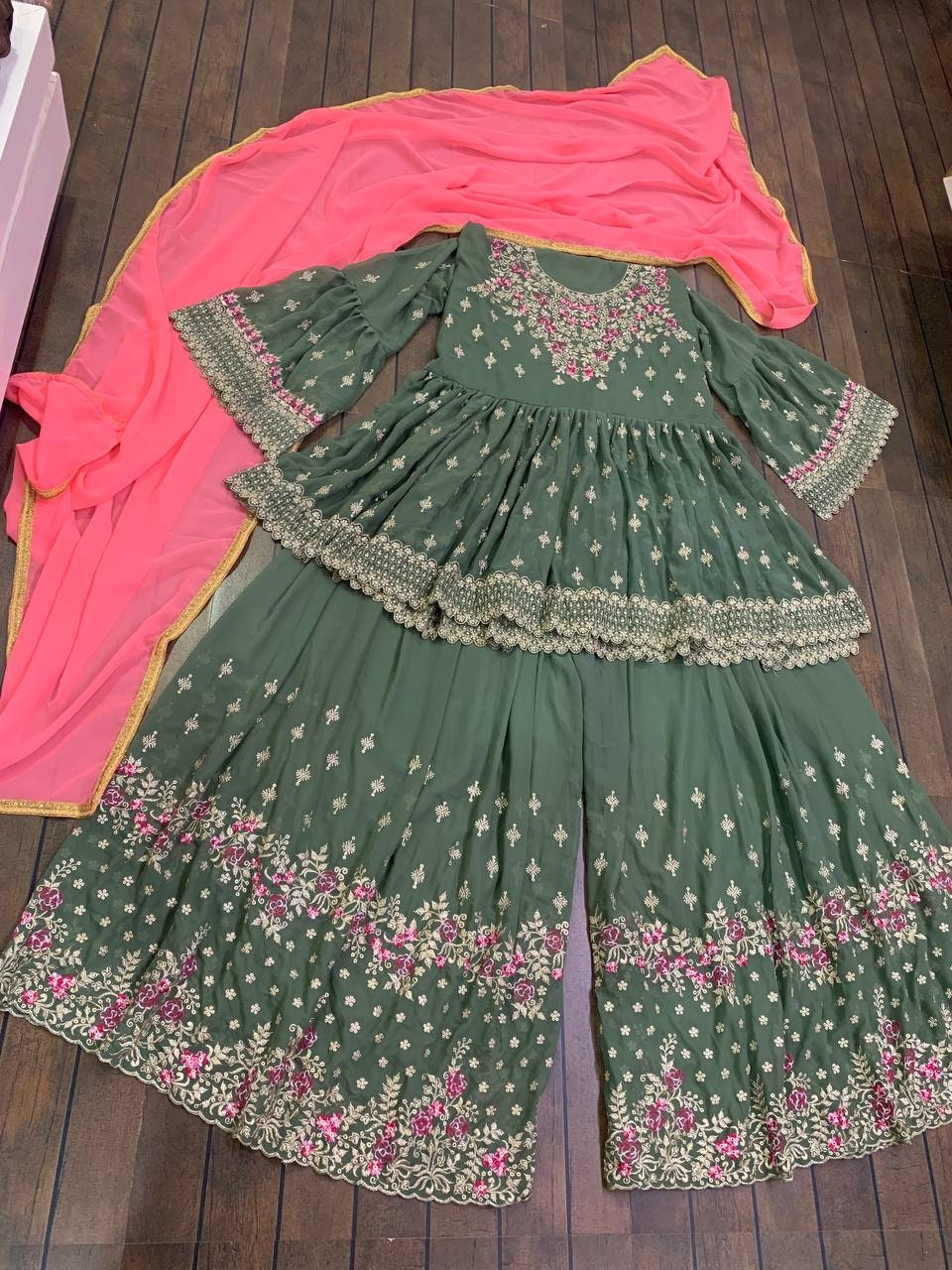 Green Georgette Sharara Palazoo Suit With Zari and Thread Work - Etsy