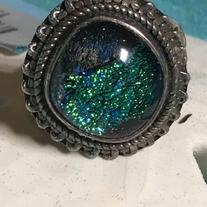 New American Artisan Crafted Sterling Silver .925 Blue Dichroic Glass Ring Size 8.5
