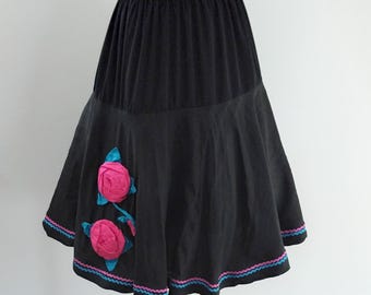 The 3Rs Upcycled Black Pink Floral Circle Skirt, Rock n Roll Skirt, Size 10