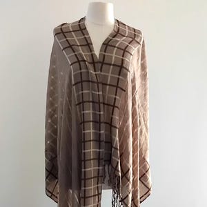 Vintage late 90s Mocha Taupe Brown Check Large Shawl Scarf with Tassels