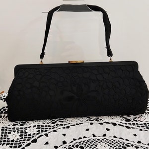 Vintage 1950s Black Floral Embroidered Evening Clutch Top Handle Bag