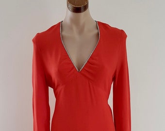 Vintage 70s Red Long Sleeve Dress, Diamentè V Neck, Ricky Richards Australian Made, Size 10