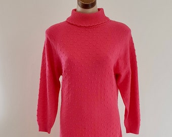 Vintage 60s Hot Pink Knitted Sweater Dress, Turtleneck Shetland Wool, Size 10