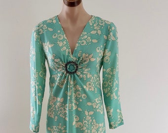 Vintage 60s Mint Green Berry Print Maxi Dress, Silver Star Australian Made Size 8-10