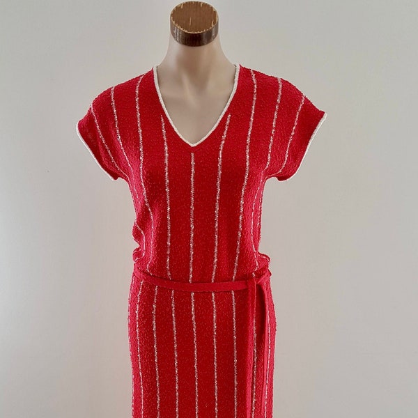 Vintage 70er Jahre Rot Weiß Gestreiftes Strick Kleid mit Gürtel, Australian Made, Size AU 10