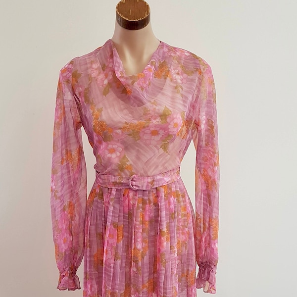 Vintage 60s 70s Pink Floral Sheer Dress with Belt, Australian Handmade, Size 10