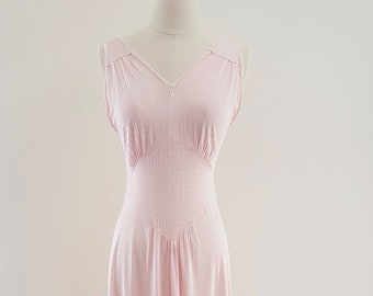 Antique Vintage 30s 40s Light Pink Long Nightie Nightgown, Lace Trim, Jewel Lingerie, Size AU 8