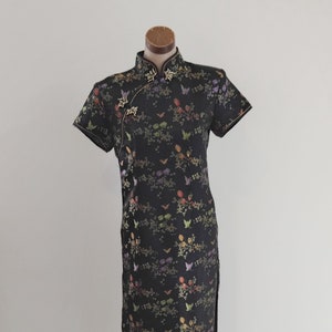 Vintage 80s 90s Black Floral Cheongsam Qipao Dress, Size 10