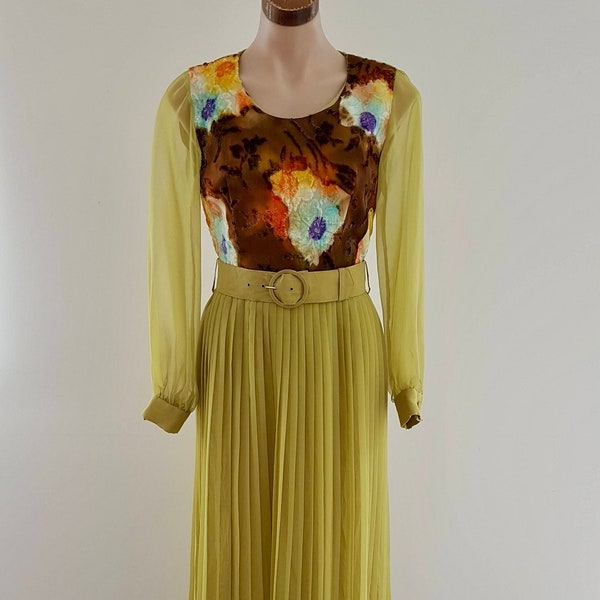 Vintage 70s Apple Green Chiffon Velvet Maxi Dress with Belt, Silver Star Australian Made, Size 8