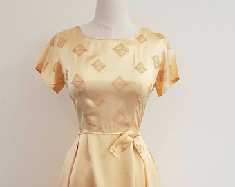 Vintage 60s Gold Satin Embroidered Dress, Trois Australian Made, Size 6-8
