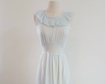 Vintage 50s Light Blue Long Nightie Nightgown, Lace Trim, Size 8