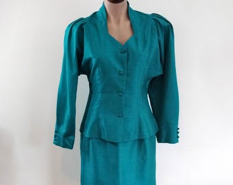 Vintage 90s Emerald Green 2 Piece Skirt and Top Set Ensemble, Size 10