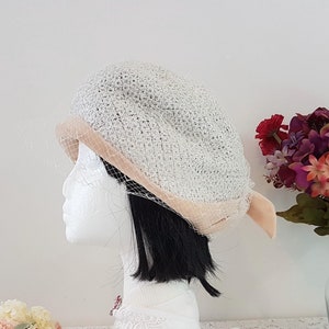 Vintage 50s Cream Beige Raffia Hat with Net and Bow, Sanba for David Jones